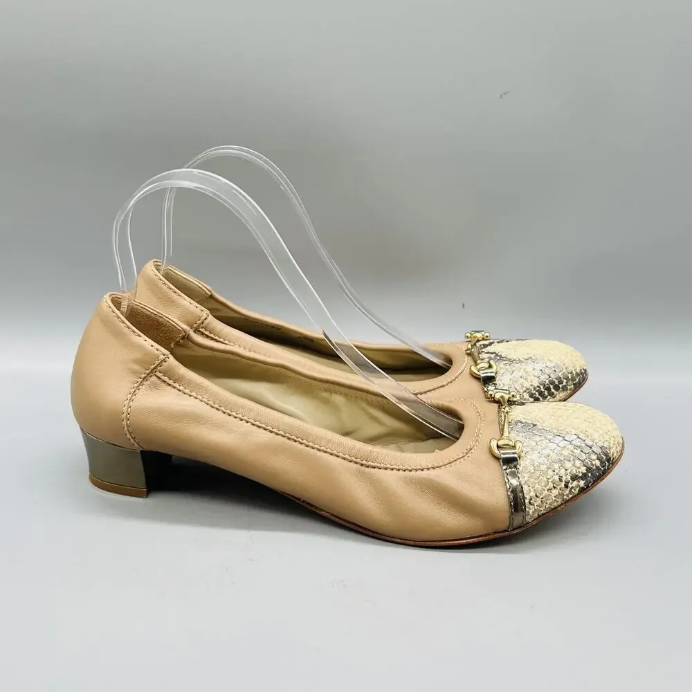 AGL Shoes Womens 10.5 Beige Leather Snake Cap Toe Gold Bit Flats Slip On Casual